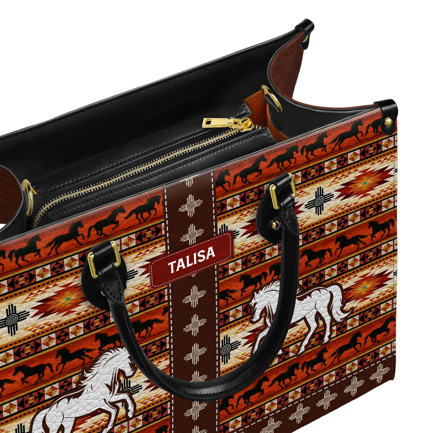 Personalized Leather Handbag for Women - Design Patterns Boho Rustic Orange Spirit Horse