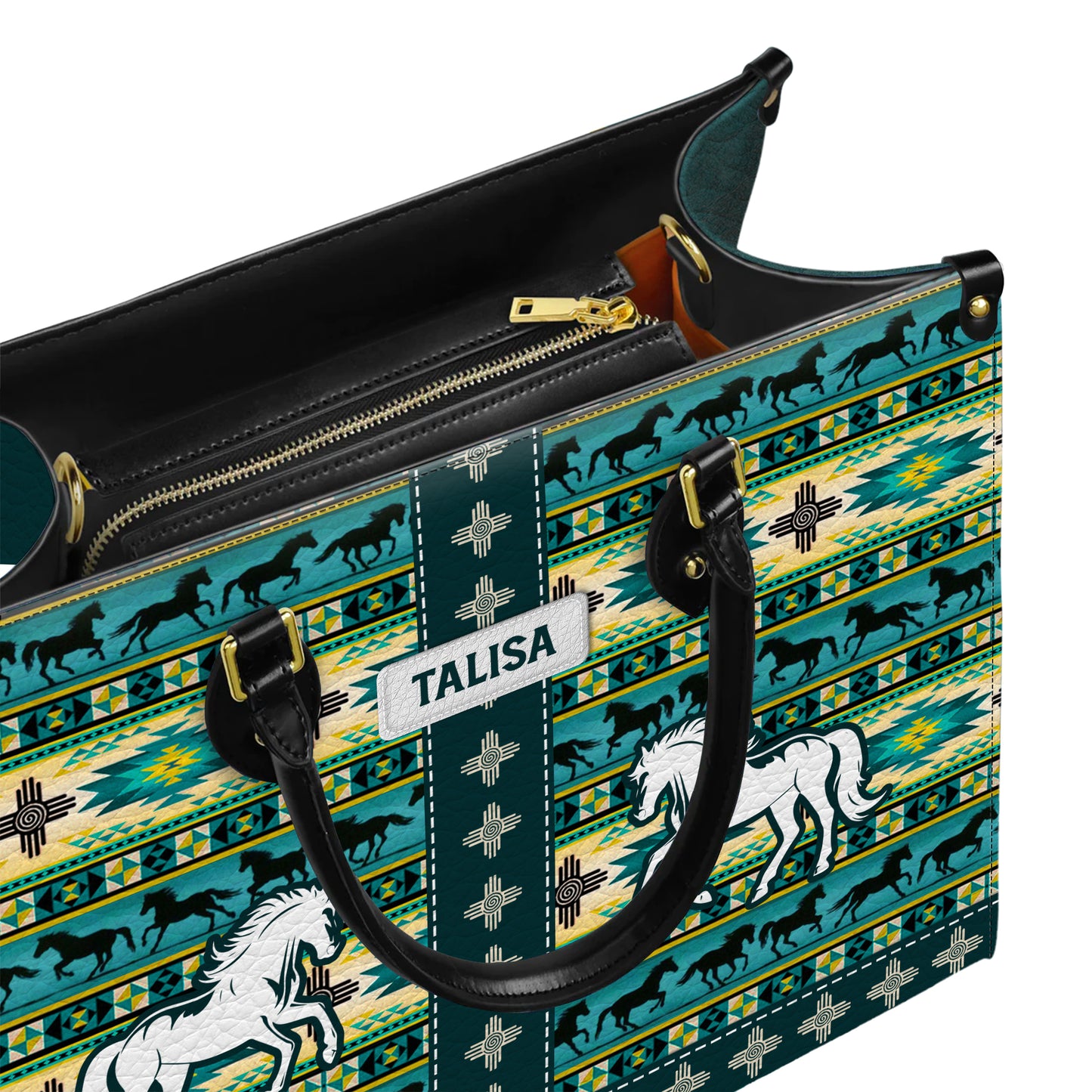 Personalized Leather Handbag for Women - Design Patterns Boho Native Spirit Galloping Horse