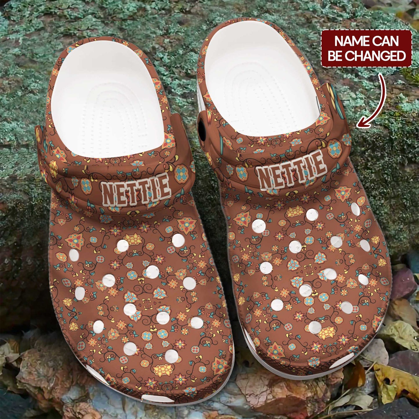 Custom Name Boho Floral Clogs – Warm Tribal Print, Personalized Gift for Family