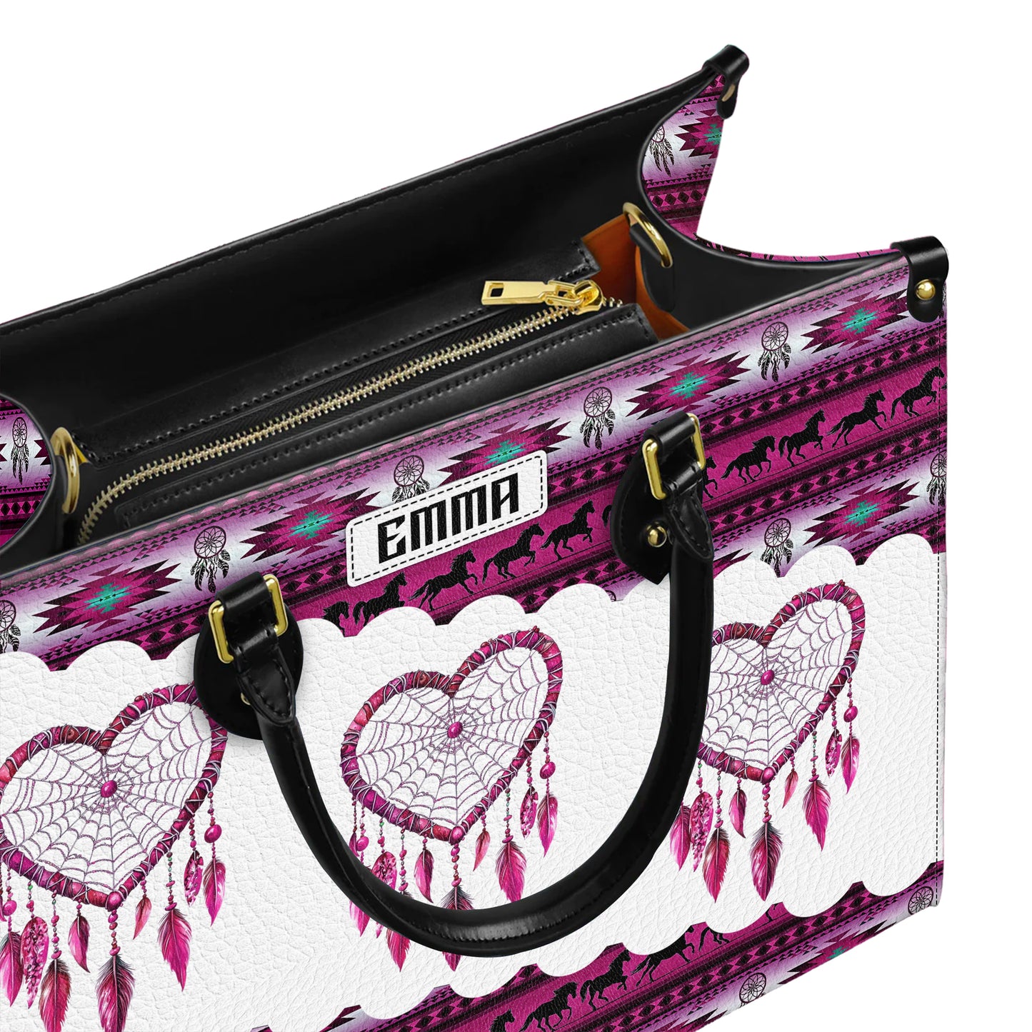 Personalized Leather Handbag for Women - Design Patterns Boho Pink & White Dreamcatcher