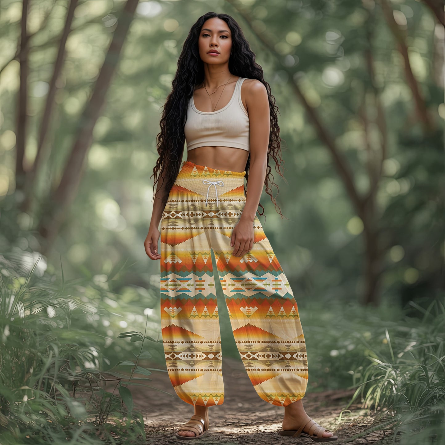 Boho Harem Pants – Beige with Tribal Aztec Print