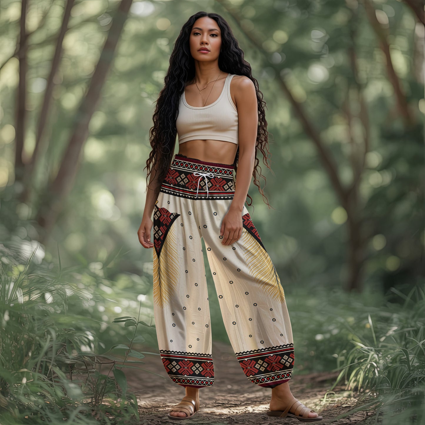 Boho Harem Pants – Red Tribal & Feather Print