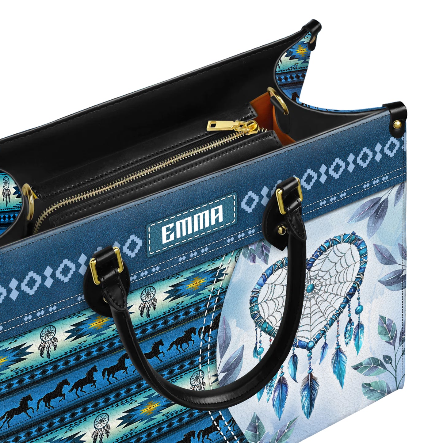 Personalized Leather Handbag for Women - Design Patterns Boho Blue Dreamcatcher