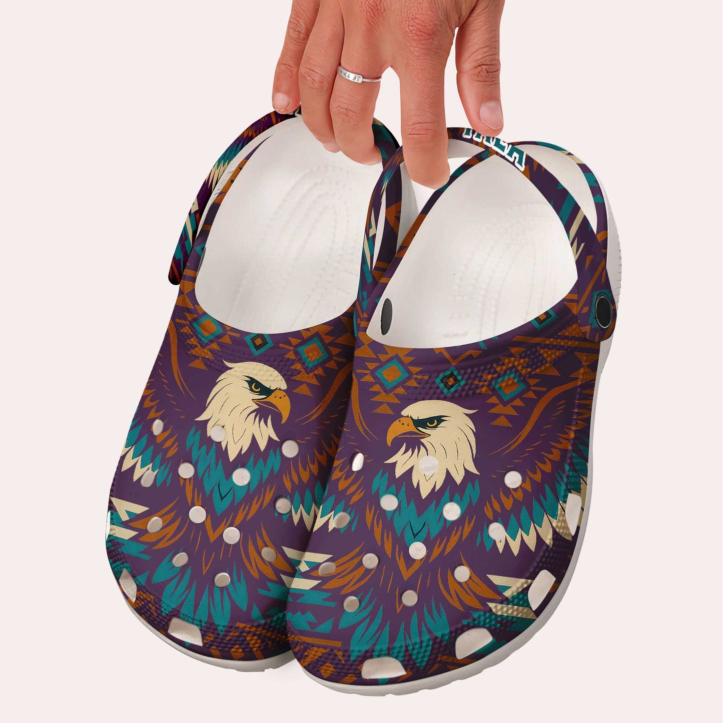 Custom Name Bald Eagle Crocs – Native Inspired Aztec Pattern Clogs for Men & Women
