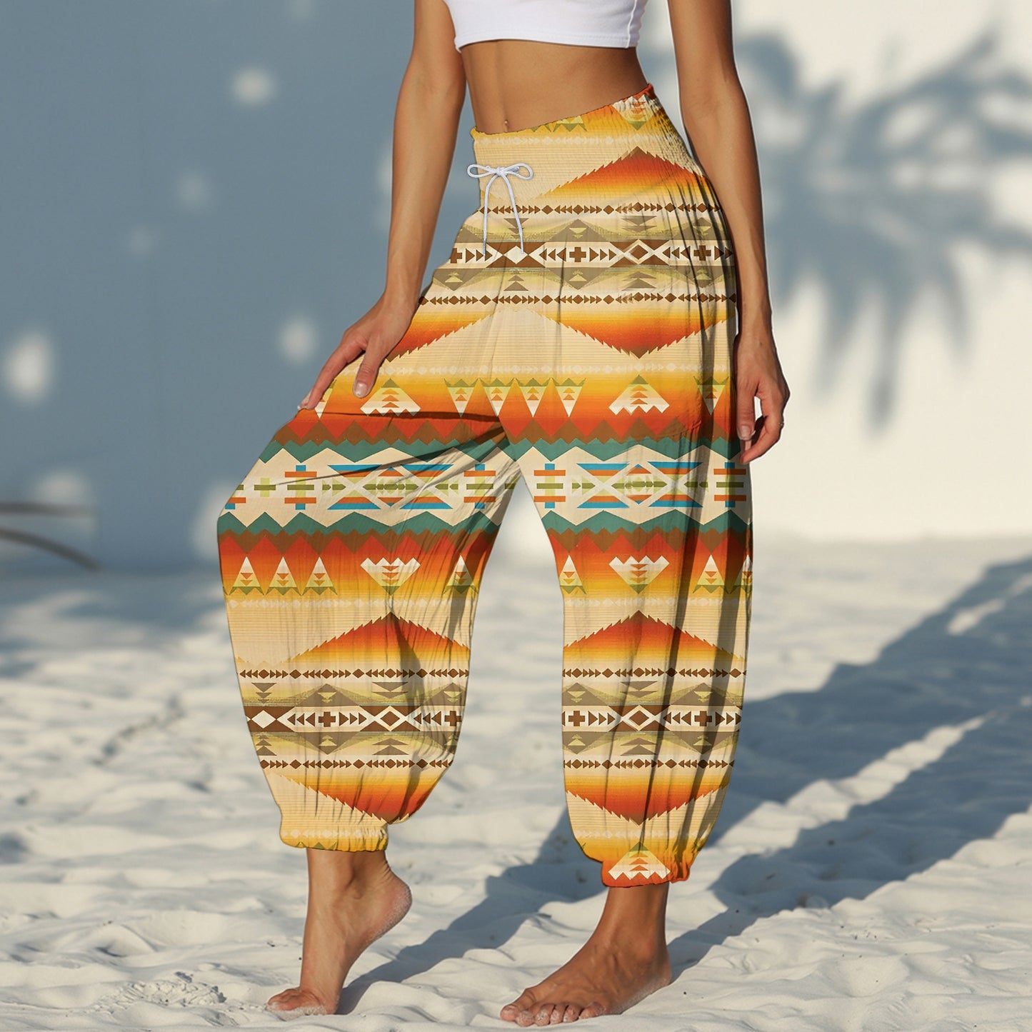 Boho Harem Pants – Beige with Tribal Aztec Print