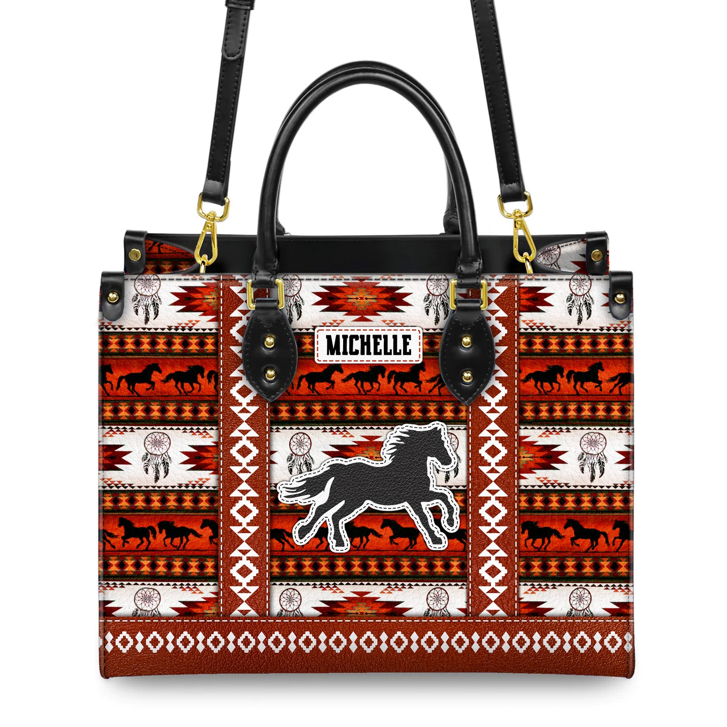 Personalized Leather Handbag for Women - Design Patterns Boho Rustic Orange & White Spirit Horse