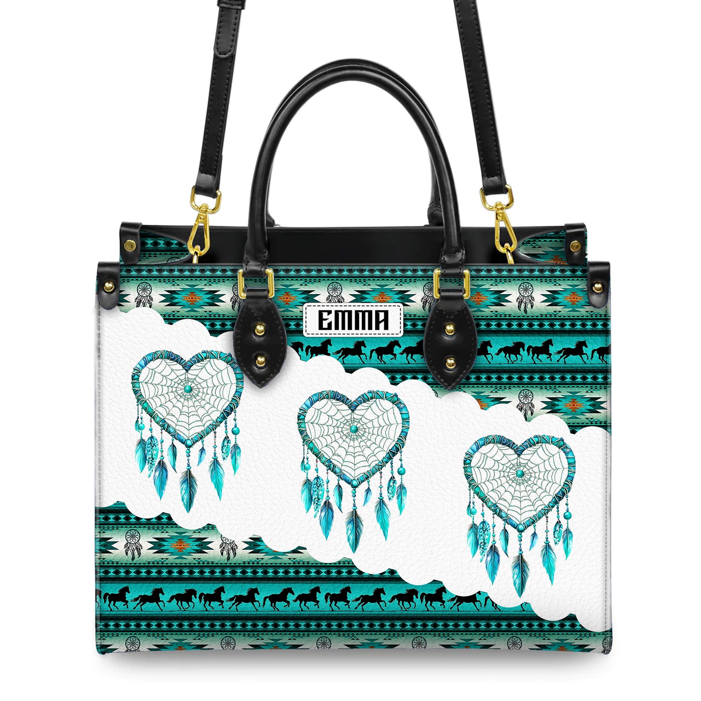 Personalized Leather Handbag for Women - Design Patterns Boho Teal & White Dreamcatcher