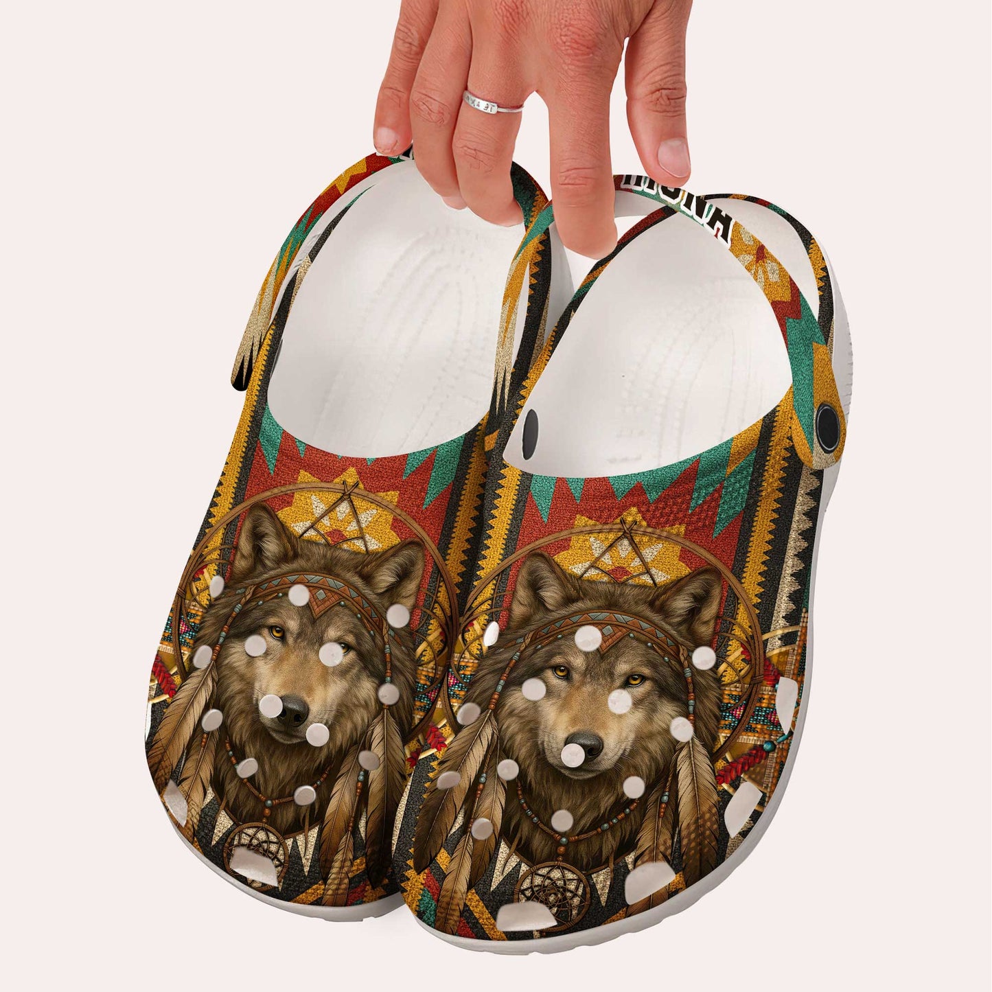 Custom Wolf Dreamcatcher Clogs - Boho Tribal Clogs for Animal Lovers
