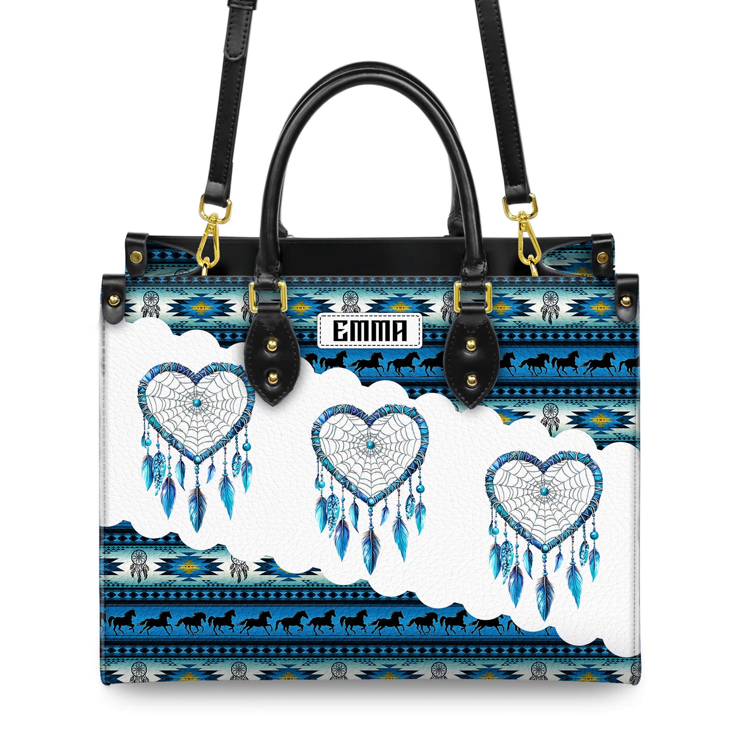 Personalized Leather Handbag for Women - Design Patterns Boho Blue & White Dreamcatcher