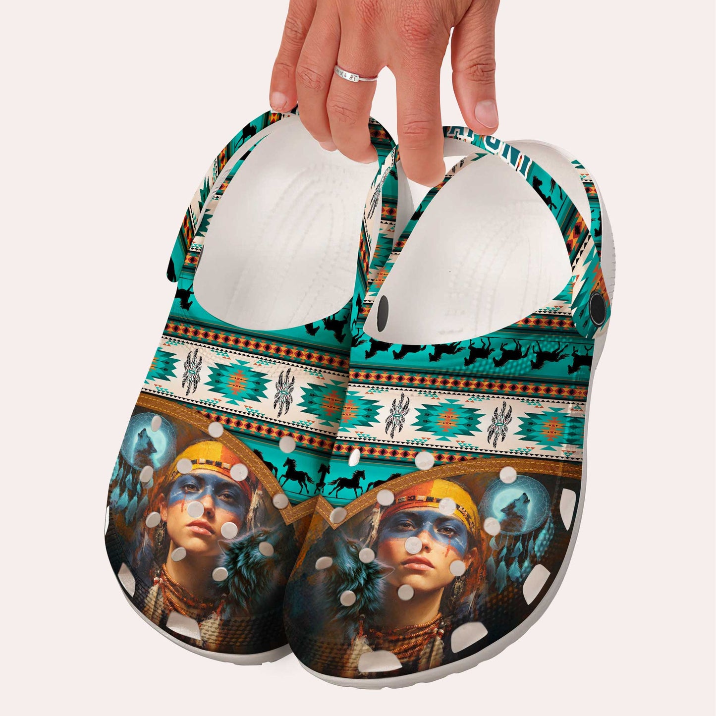 Custom Name Boho Clogs – Beautiful Native Girl, Wolf Symbol & Meaningful Gift for Family