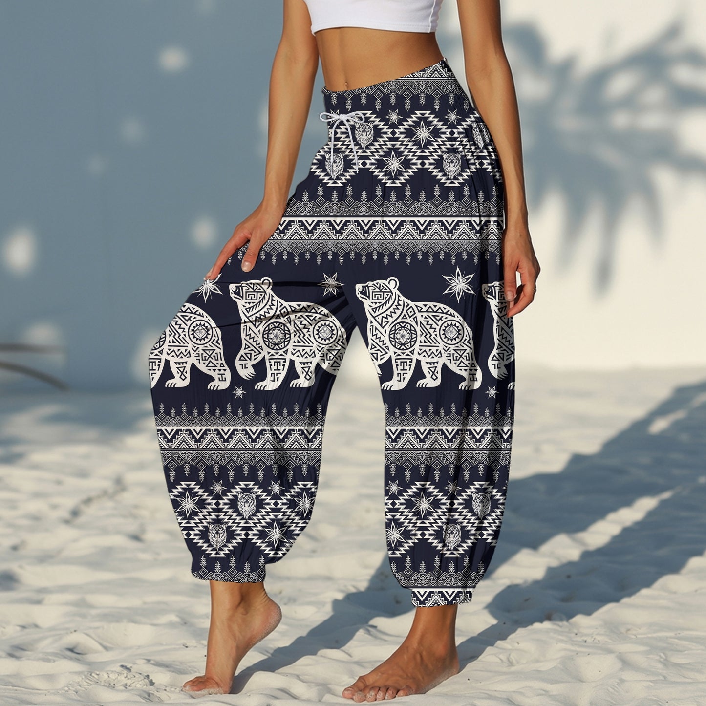 Tribal Bear Print Harem Pants - Yoga Boho Clothes with Pockets