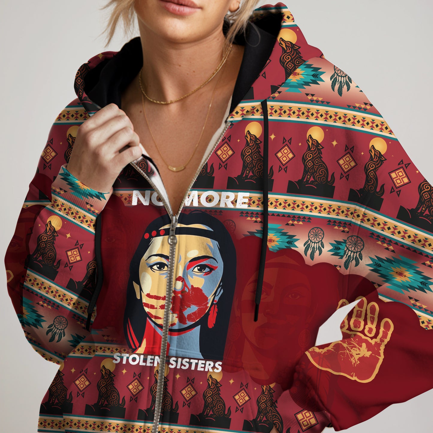 Tribal Feather Hoodie – Bold Red & Geometric Patterns & MMIW
