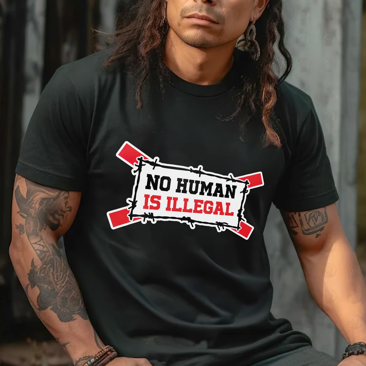 No Human Is Illegal Unisex T-Shirt/T-Shirt V-Neck/Hoodie/Sweatshirt - Empowerment for Immigrant Rights, Support for Human Dignity