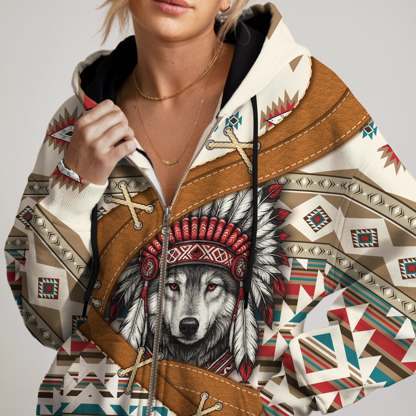 Aztec Tribal Hoodie – Geometric Print in Beige & Teal