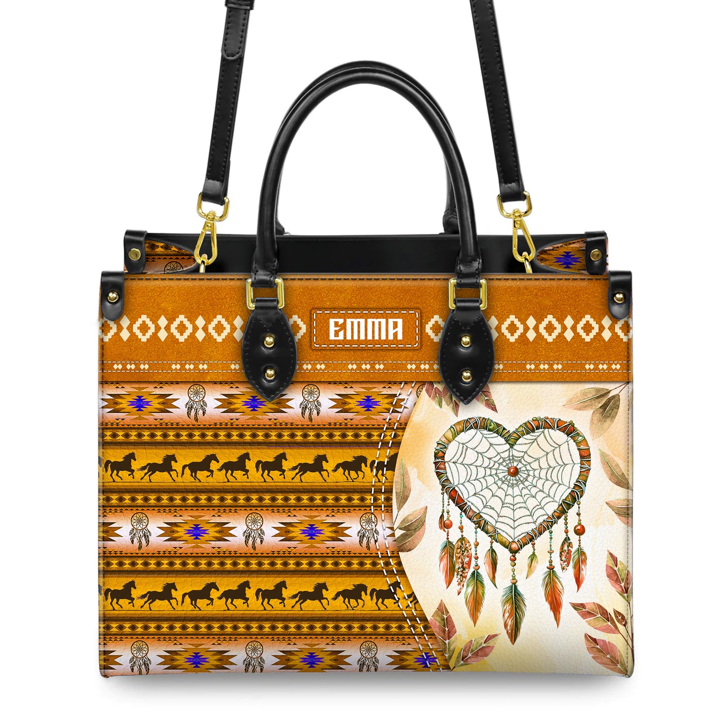 Personalized Leather Handbag for Women - Design Patterns Boho Yellow Dreamcatcher