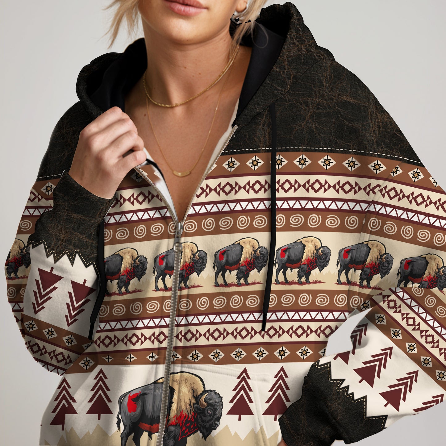 Buffalo Spirit Hoodie – Tribal Forest Pattern Native