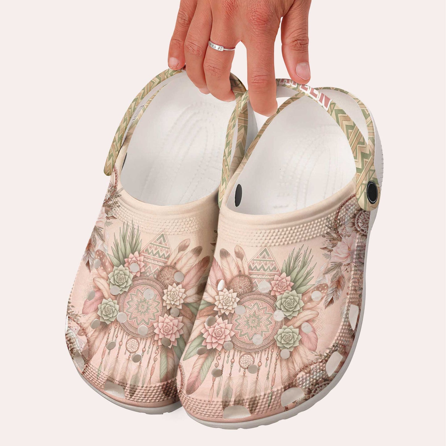Custom Name Dreamcatcher Floral Clogs – Soft Pastel Native Pattern Shoes Gift