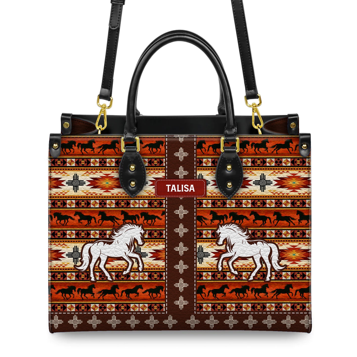 Personalized Leather Handbag for Women - Design Patterns Boho Rustic Orange Spirit Horse