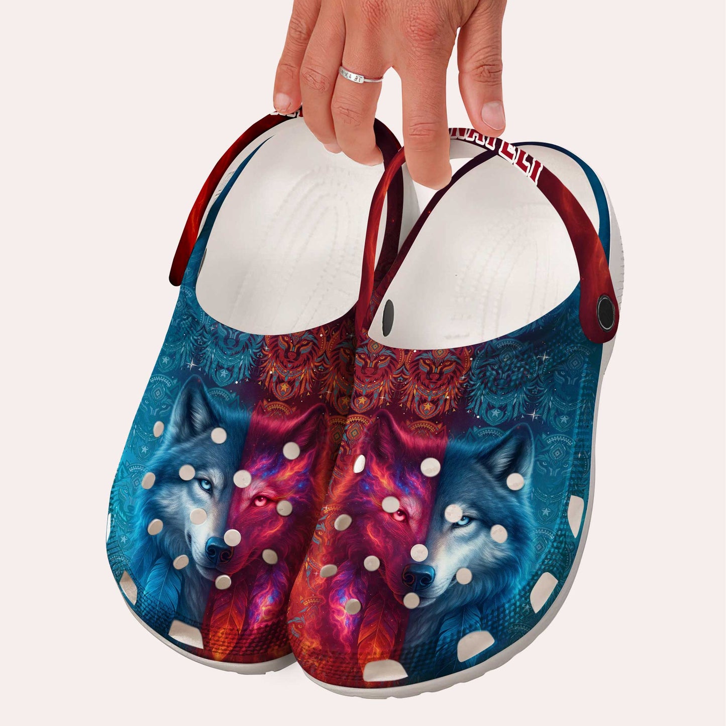Custom Name Wolf Spirit Clogs – Fire & Ice Contrast | Tribal Design & Gift for Family
