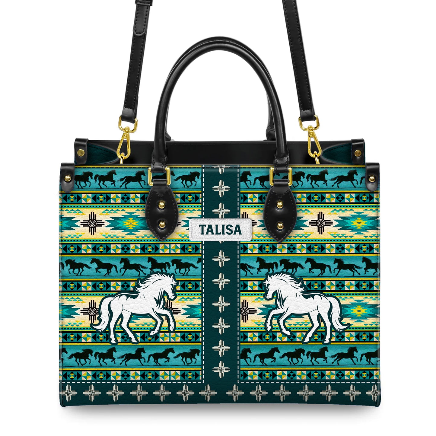 Personalized Leather Handbag for Women - Design Patterns Boho Native Spirit Galloping Horse