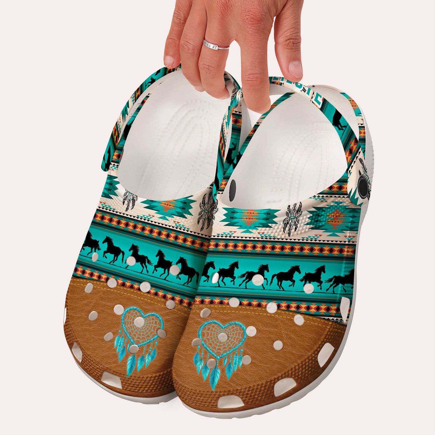 Custom Name Clogs – Tribal Green, Galloping Horses & Dreamcatcher Motif