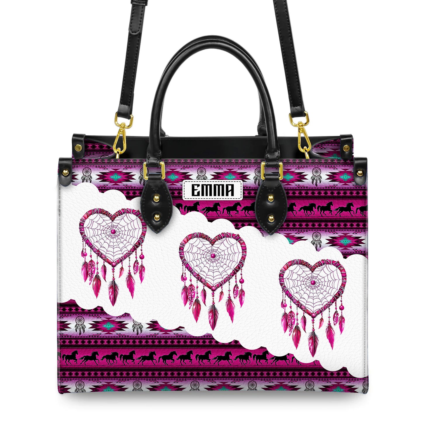 Personalized Leather Handbag for Women - Design Patterns Boho Pink & White Dreamcatcher