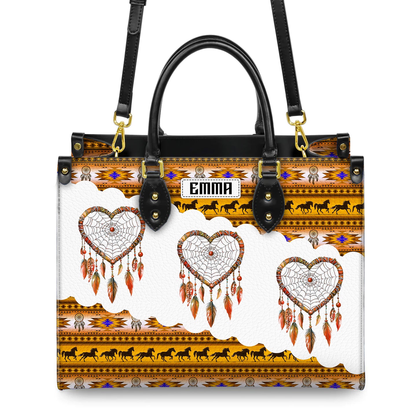 Personalized Leather Handbag for Women - Design Patterns Boho Yellow & White Dreamcatcher