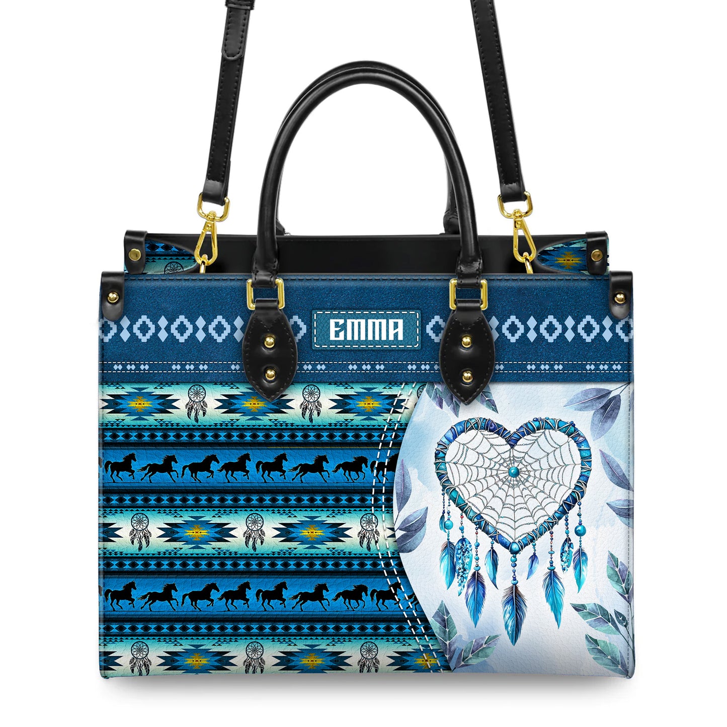 Personalized Leather Handbag for Women - Design Patterns Boho Blue Dreamcatcher