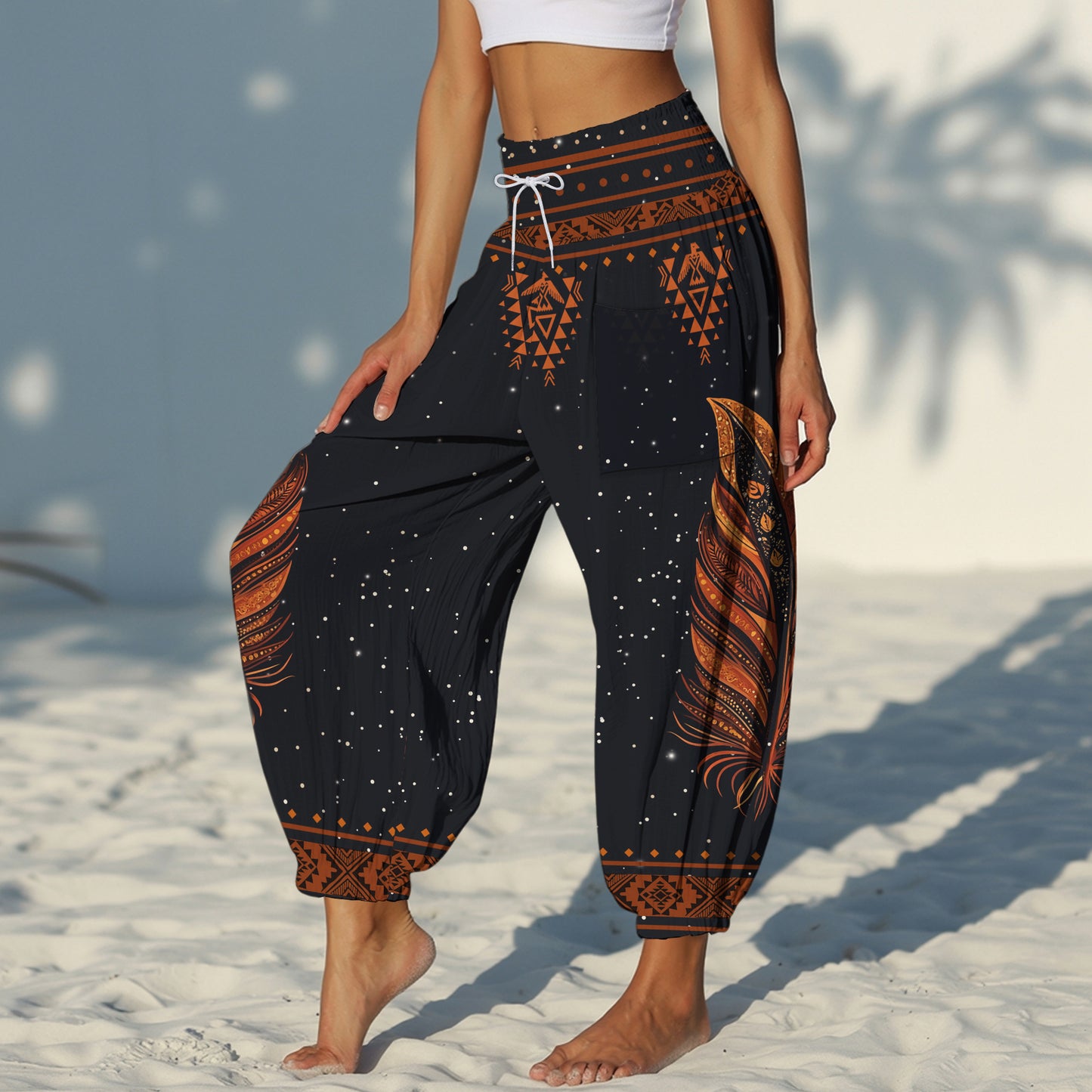 Feather Print Harem Pants - Yoga Boho Clothes with Pockets