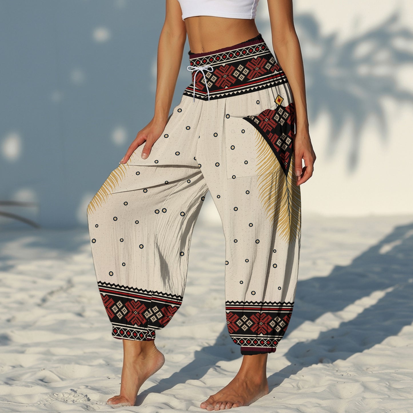 Boho Harem Pants – Red Tribal & Feather Print