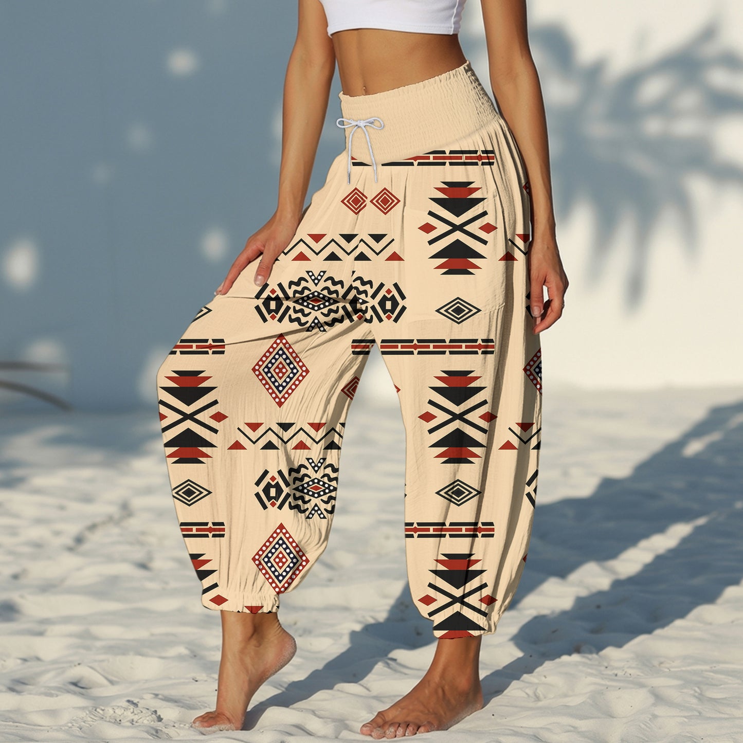 Boho Harem Pants – Beige with Tribal Aztec Print