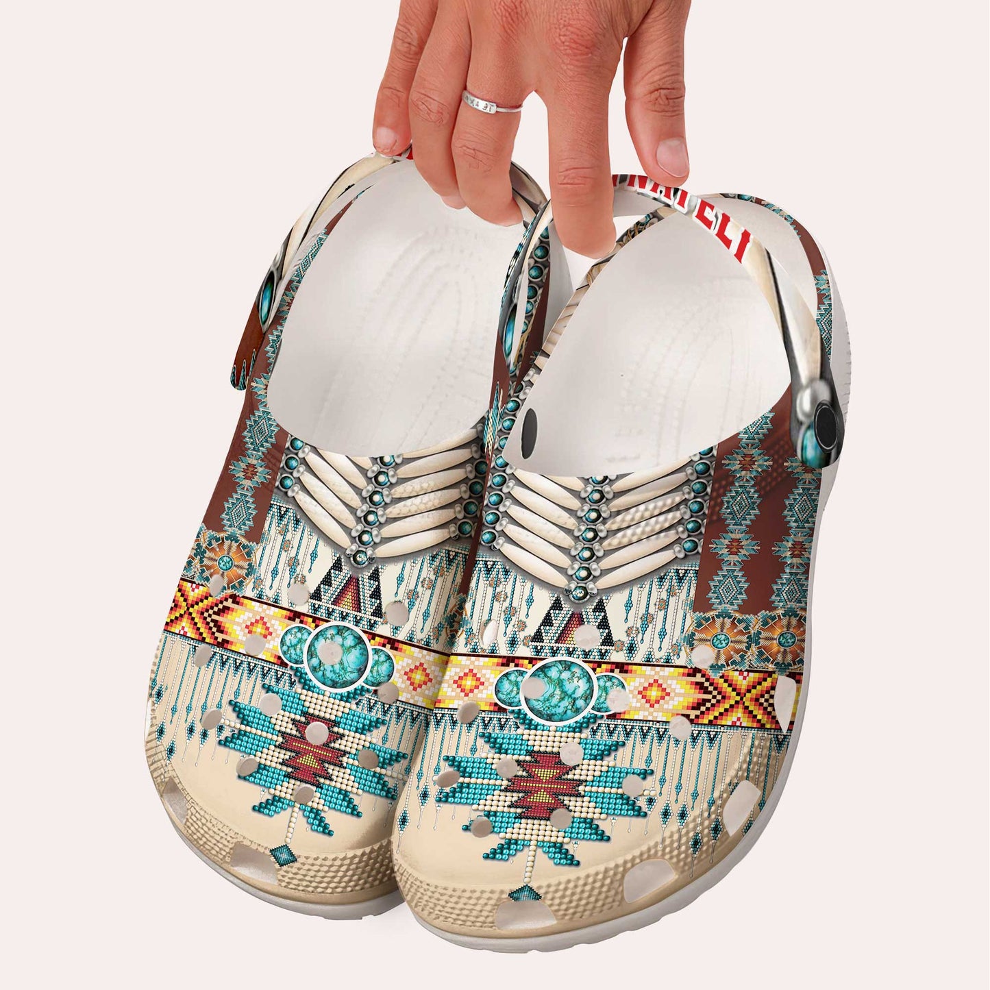 Custom Name Clogs – Rustic Boho Style with Turquoise Stone & Traditional Patterns