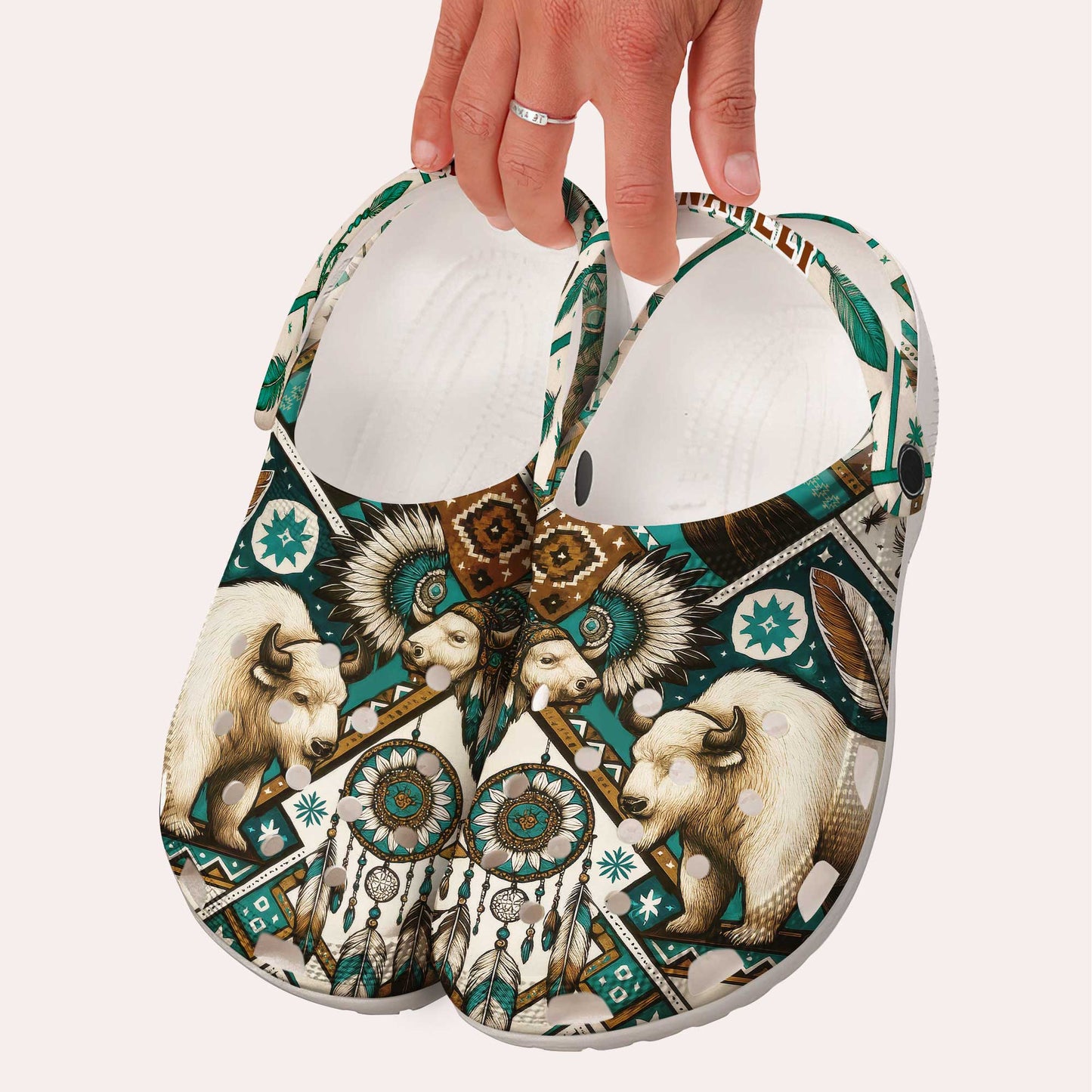 Custom Name Native Buffalo Spirit Clogs – Dreamcatcher & Tribal Feathers Design