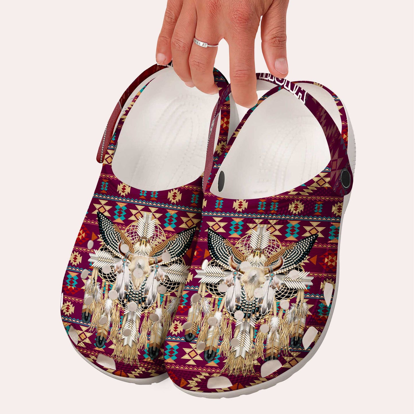 Custom Name Native Bull Skull Clogs – Tribal Dreamcatcher Shoes, Unique Family Gift