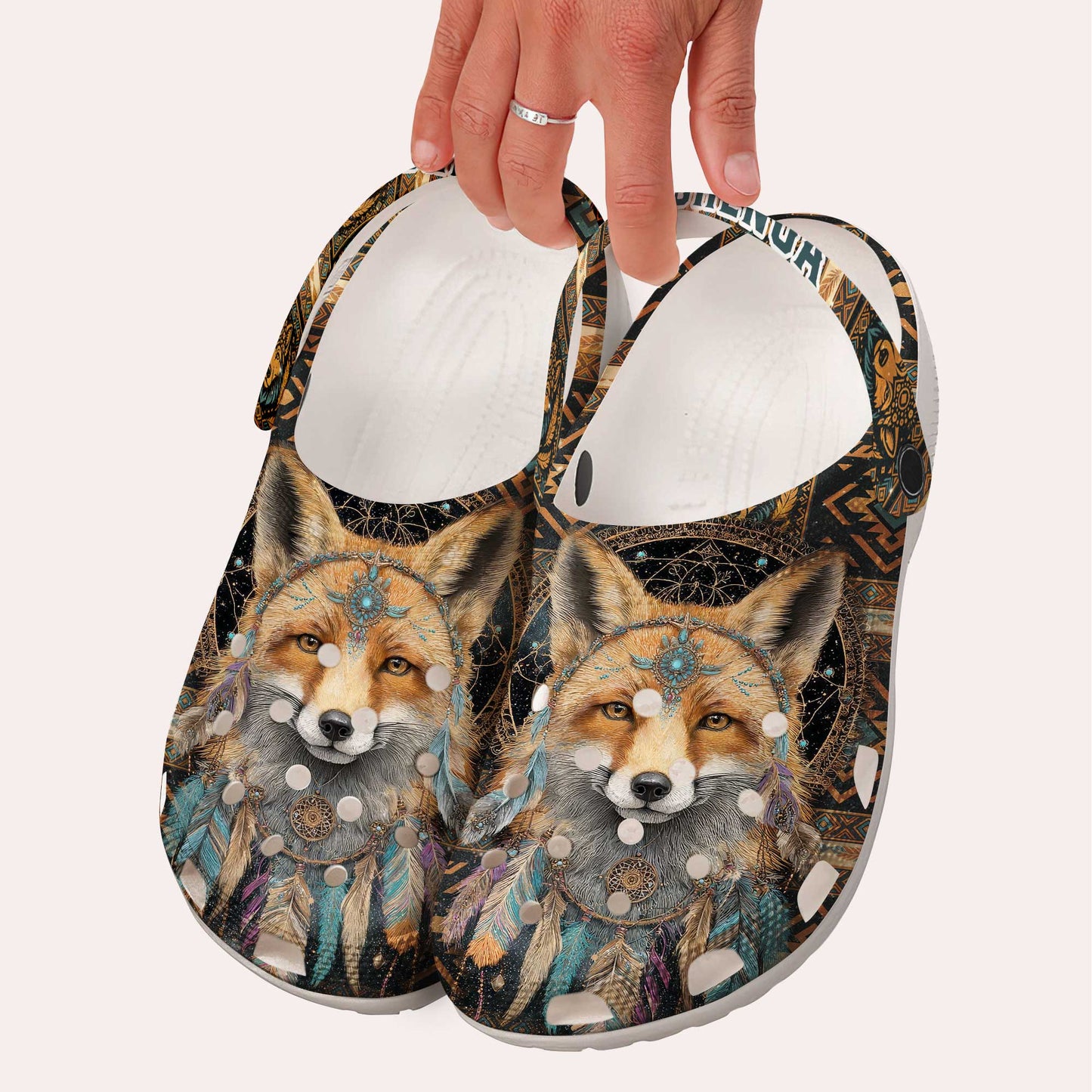 Custom Name Native Fox Spirit Clogs – Tribal Pattern, Feather Design & Family Gift