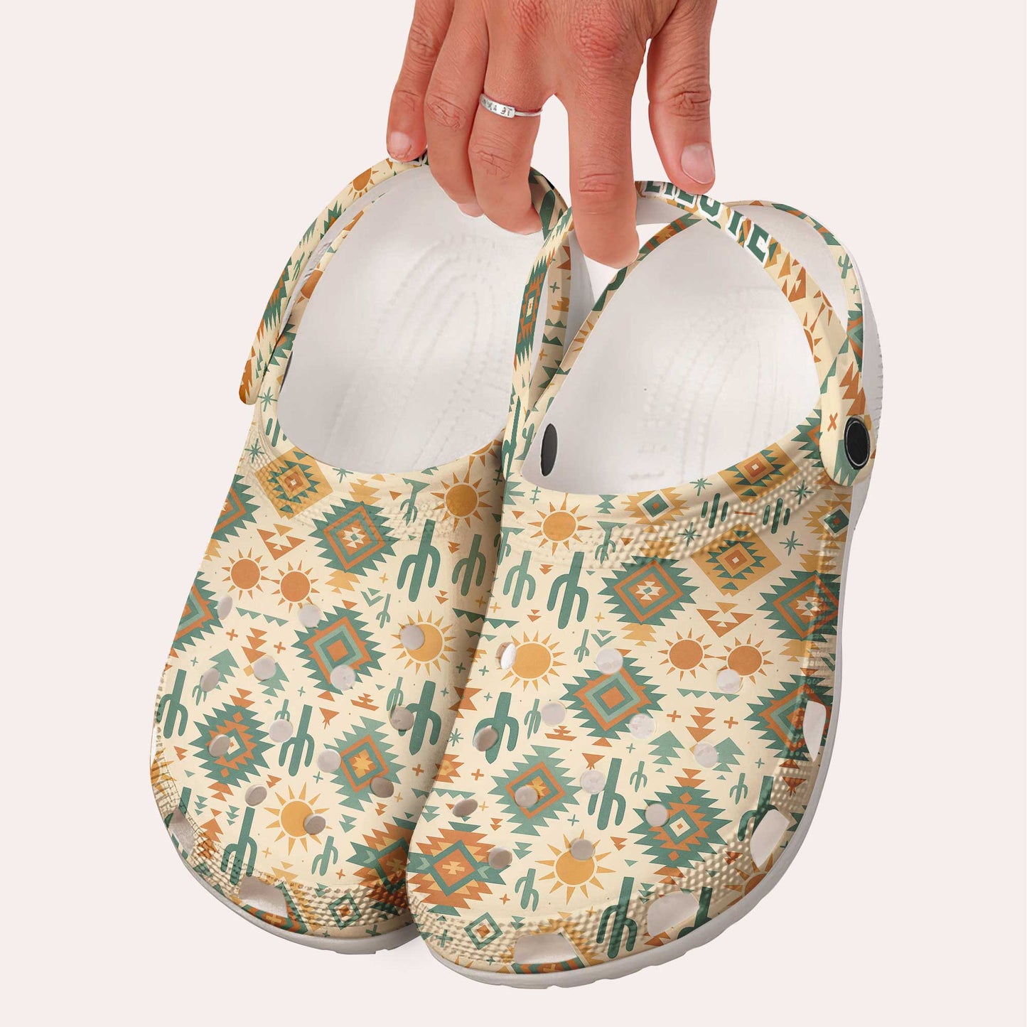 Custom Name Desert Cactus Spirit Clogs – Tribal Geometry & Boho Sun Design