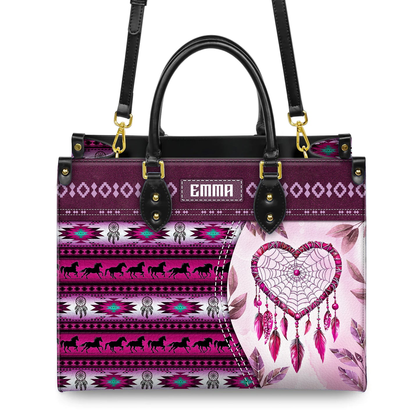 Personalized Leather Handbag for Women - Design Patterns Boho Pink Dreamcatcher