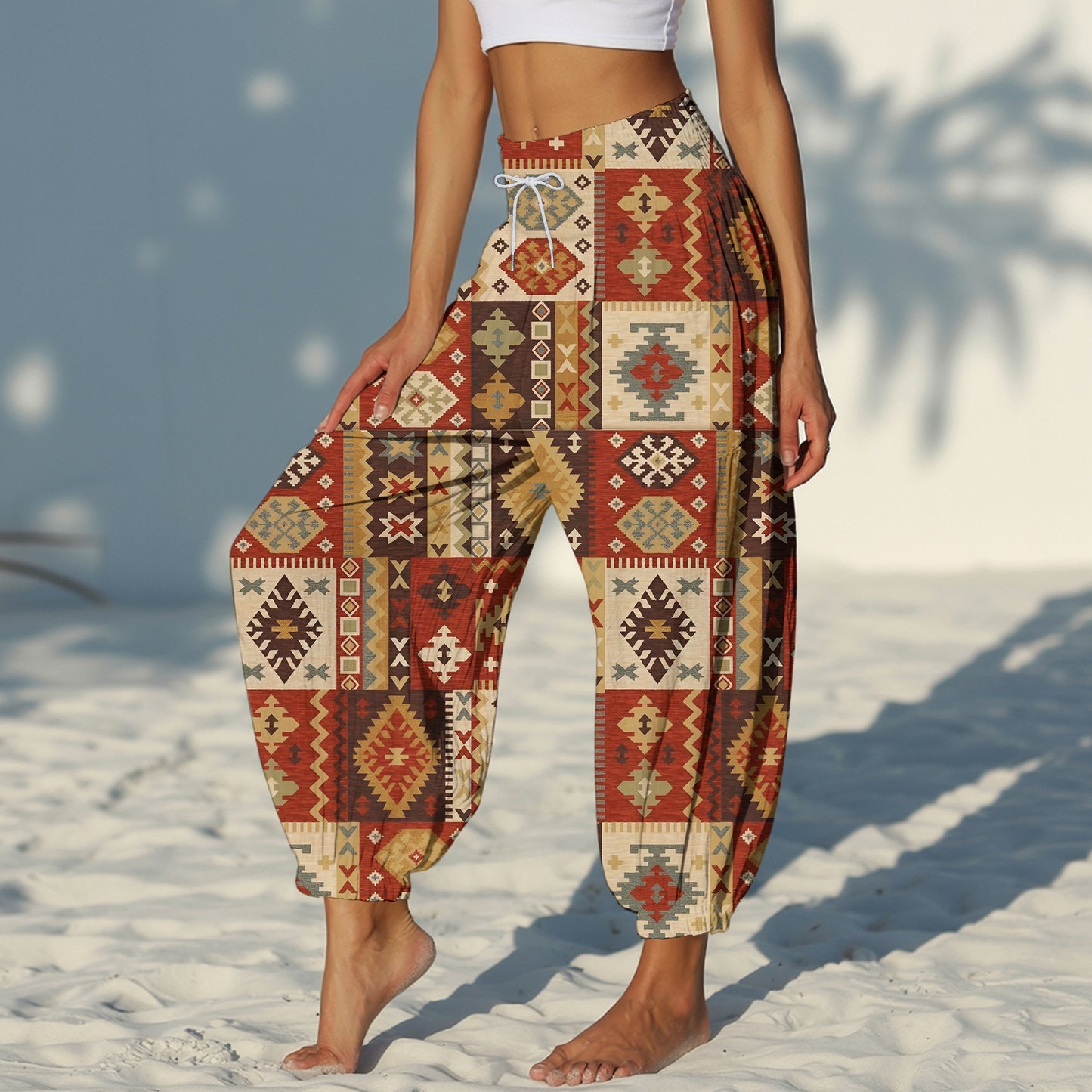 Boho Harem Pants – Beige with Tribal Aztec Print 01