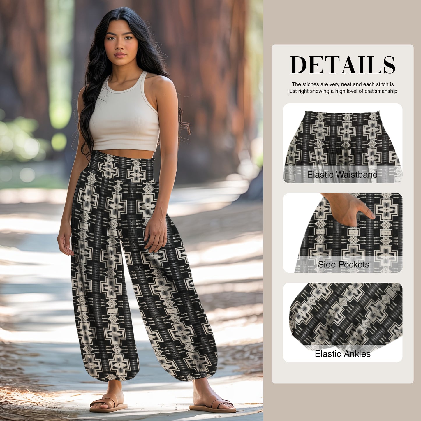 Print Harem Pants – Black & White Yoga Boho Clothes with Pockets