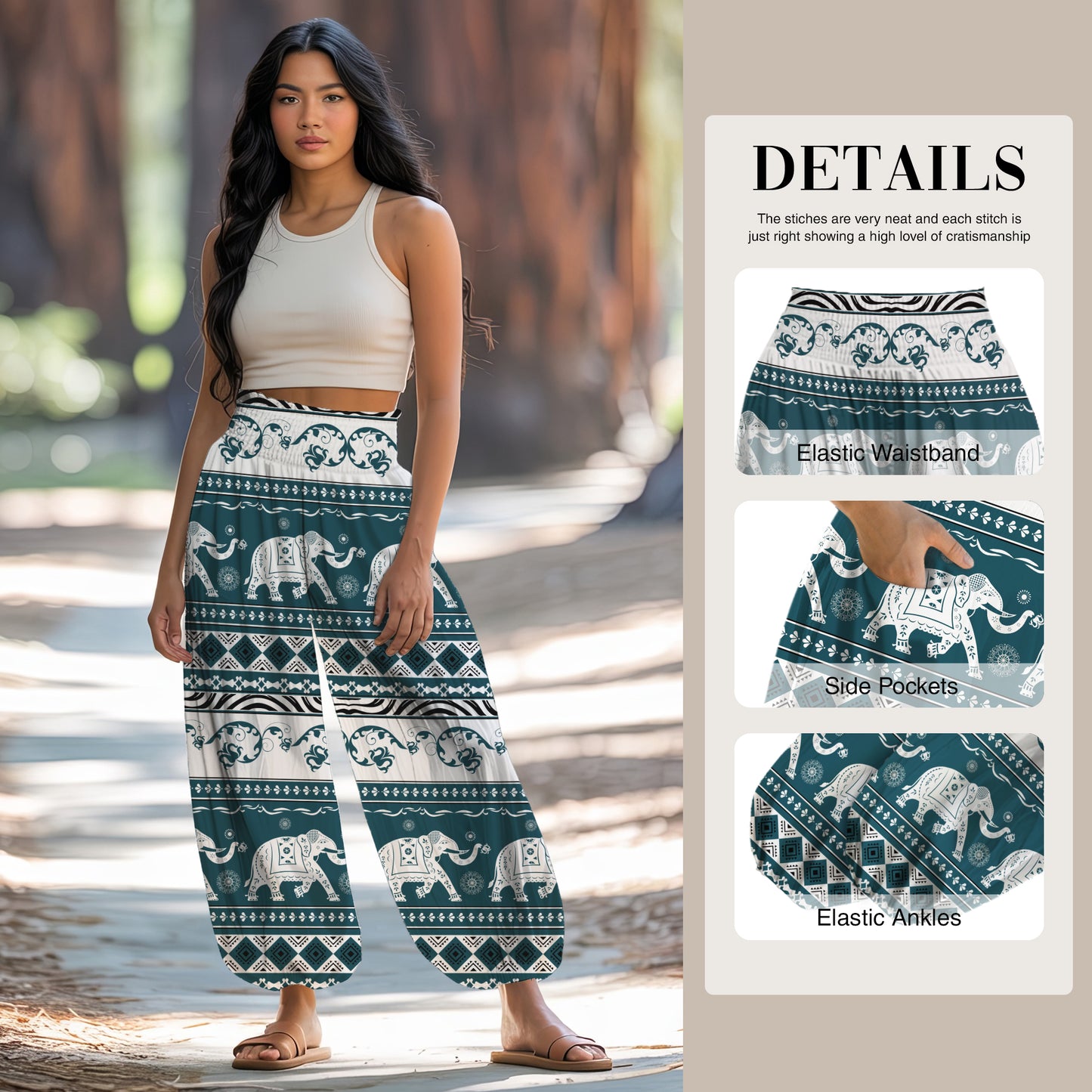 Teal Elephant Harem Pants – Yoga Boho Clothes with Pockets 08