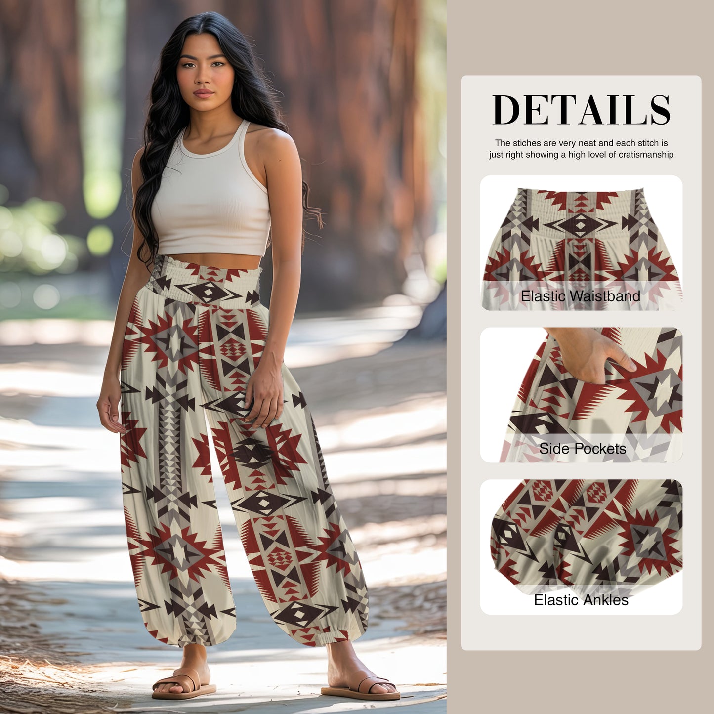 Boho Harem Pants – Red Geometric Tribal Pattern