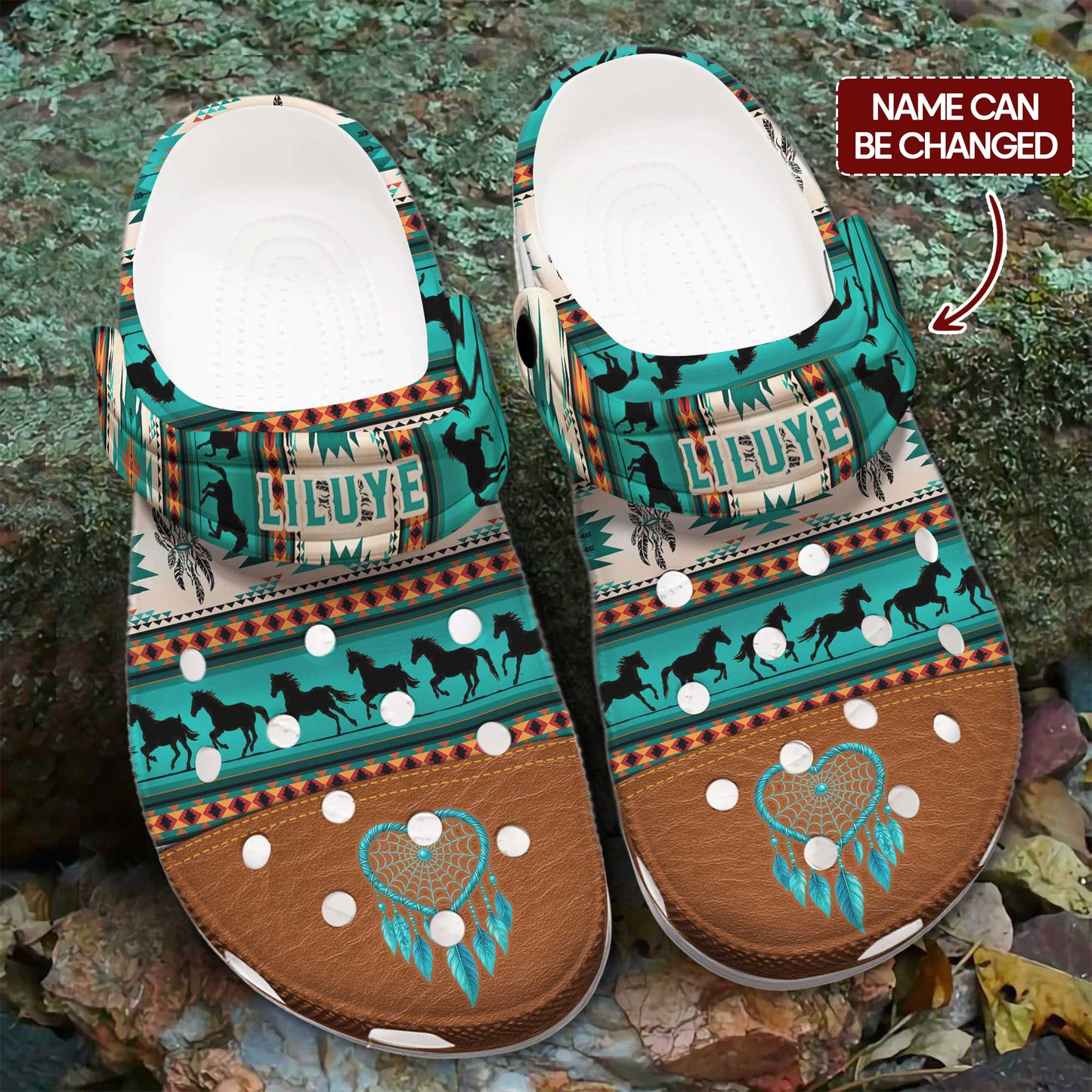 Custom Name Clogs – Tribal Green, Galloping Horses & Dreamcatcher Motif