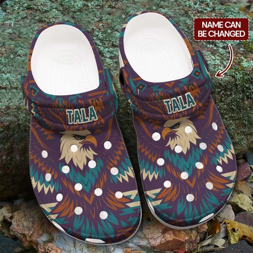 Custom Name Bald Eagle Crocs – Native Inspired Aztec Pattern Clogs for Men & Women