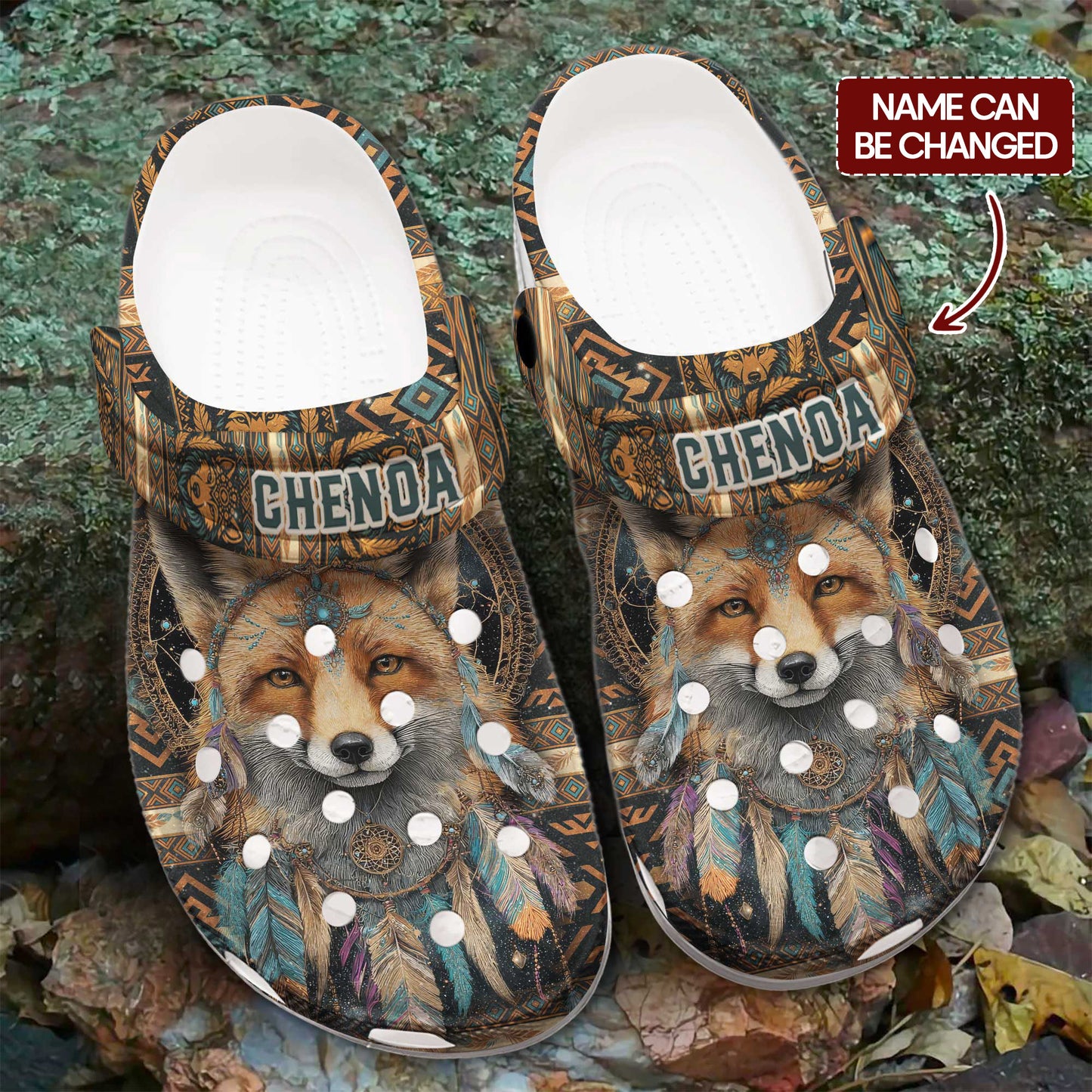 Custom Name Native Fox Spirit Clogs – Tribal Pattern, Feather Design & Family Gift