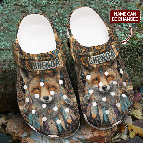 Custom Name Native Fox Spirit Clogs – Tribal Pattern, Feather Design & Family Gift