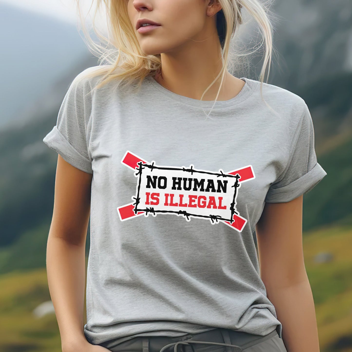 No Human Is Illegal Unisex T-Shirt/T-Shirt V-Neck/Hoodie/Sweatshirt - Empowerment for Immigrant Rights, Support for Human Dignity