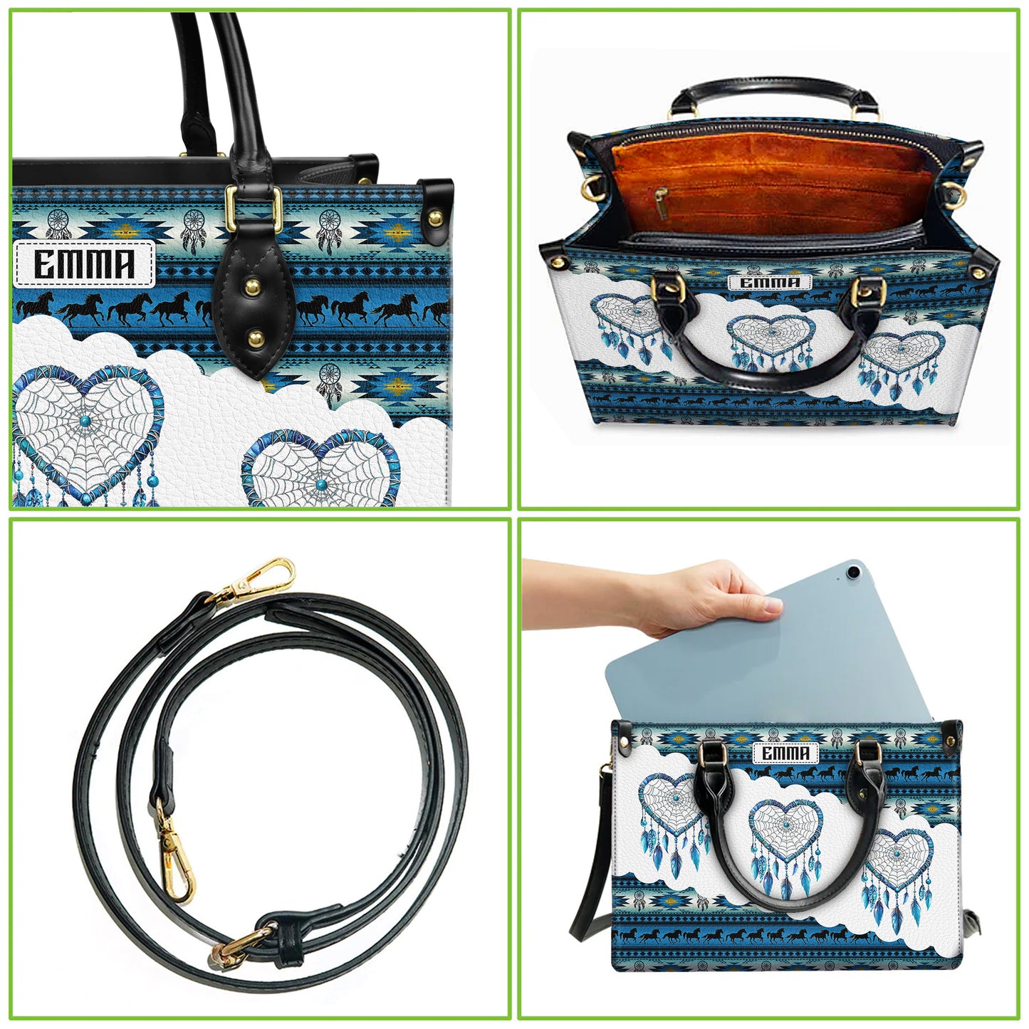 Personalized Leather Handbag for Women - Design Patterns Boho Blue & White Dreamcatcher