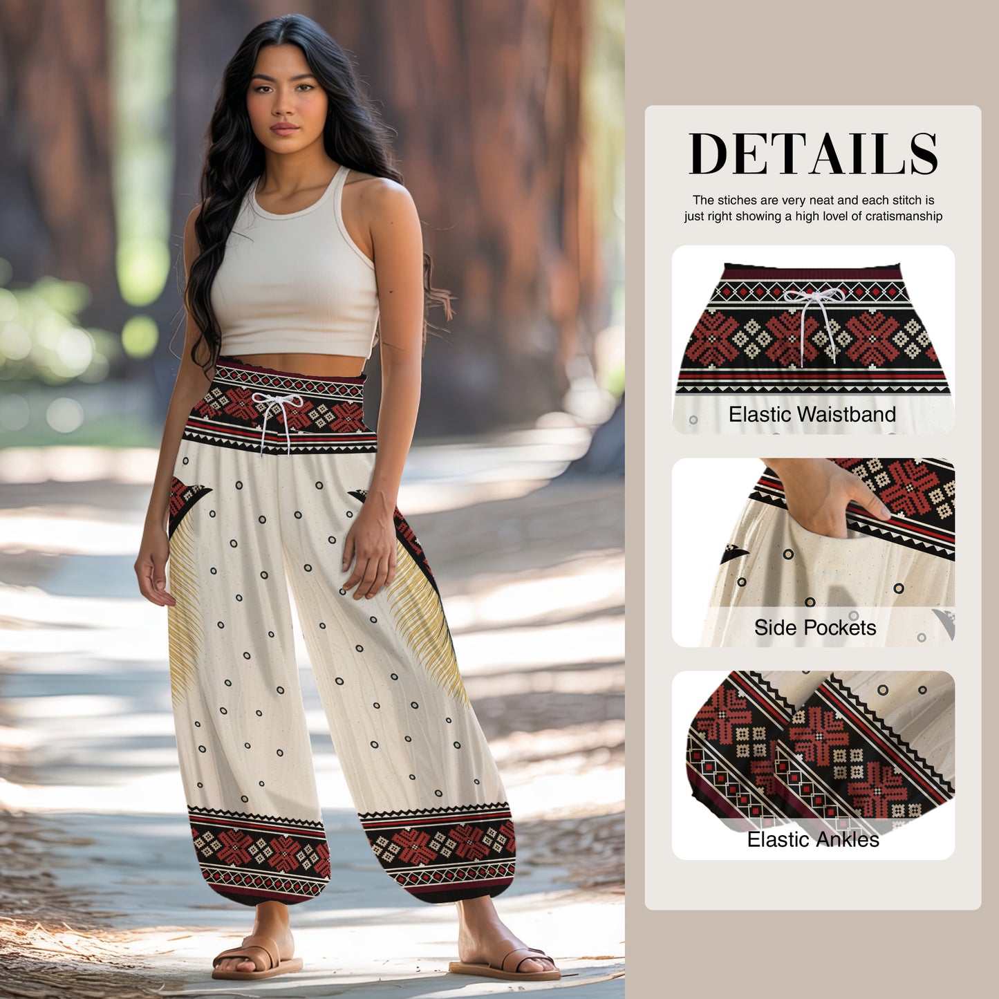 Boho Harem Pants – Red Tribal & Feather Print