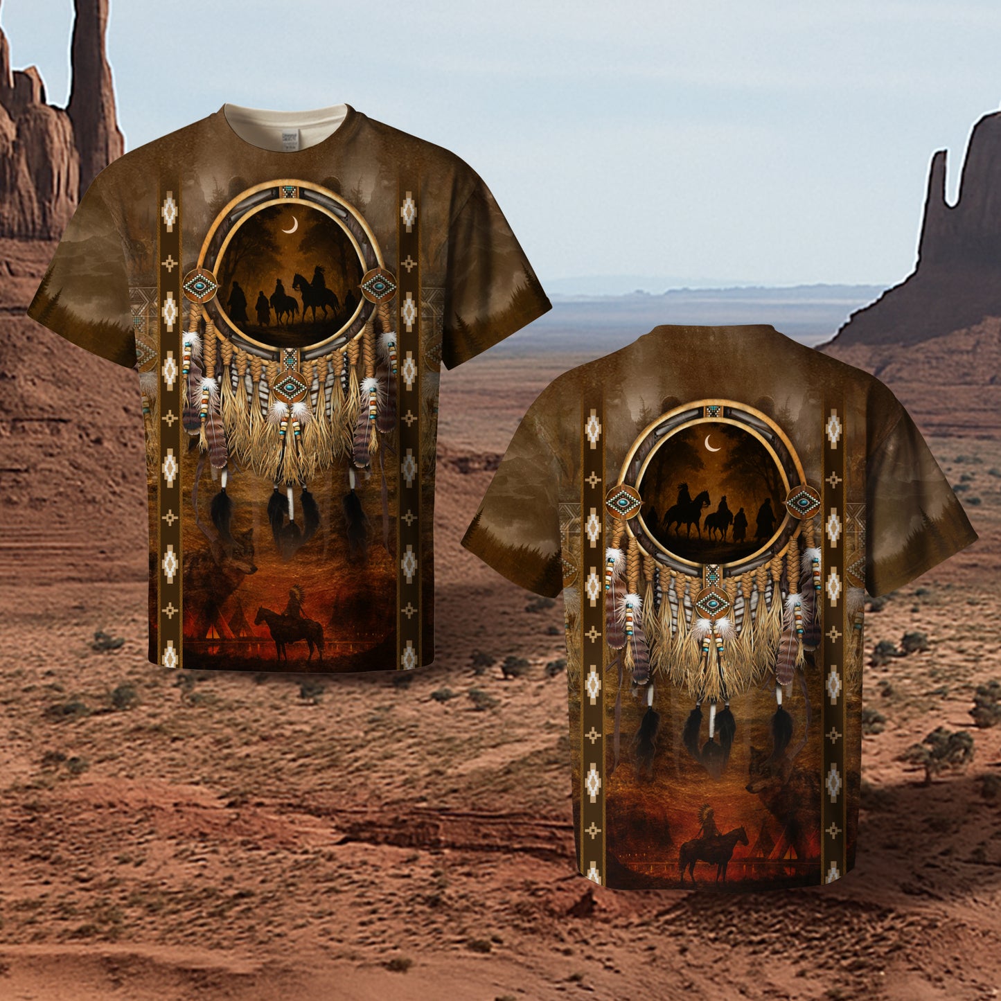 3D T-Shirt " Native Pattern 3D TribaL – Feather & Beaded Design with Moonlit Horse"