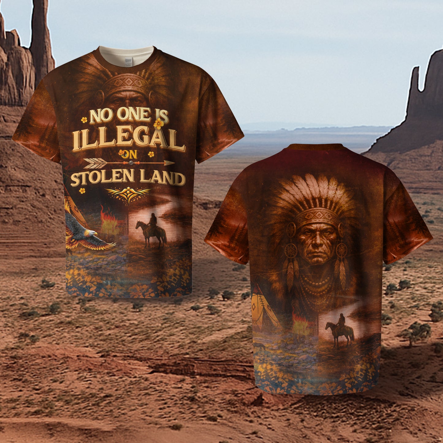 3D T-Shirt "NO ONE IS ILLEGAL ON STOLEN LAND. WE WALK ON NATIVE LAND"